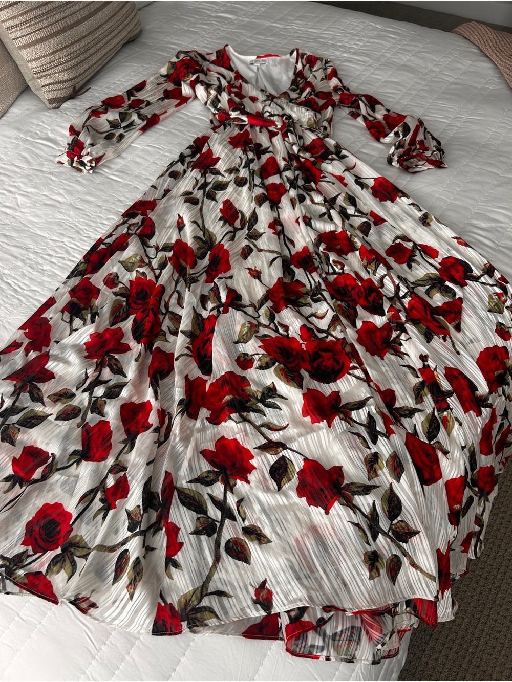 Ivy City Co Red Rose Print Pleated Maxi Dress on White